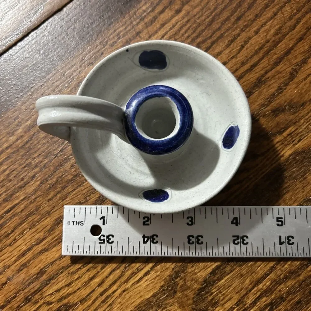 Williamsburg Pottery Stoneware Chamberstick Candle Holder Gray Blue Potter